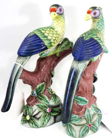 Hand Painted Vintage Chinese Porcelain Parrot / Phoenix / Peacock Bird Figurines.  Pair -