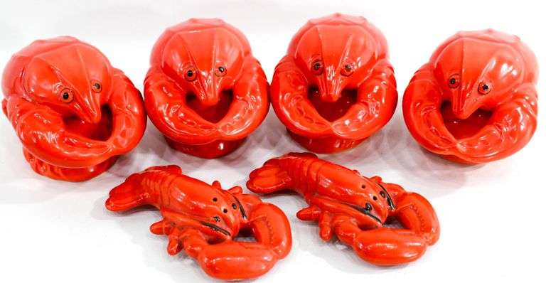 Set of Four Covered Lobster Dishes with a Matching set of Lobster shaped Salt and Pepper Shakers.
