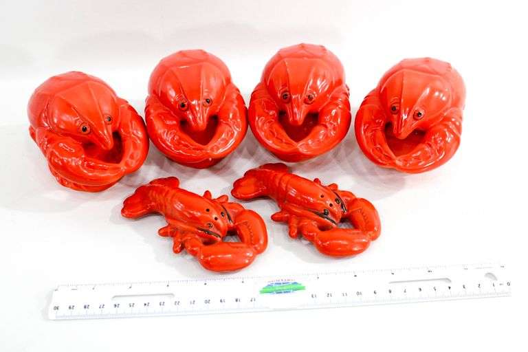 Set of Four Covered Lobster Dishes with a Matching set of Lobster shaped Salt and Pepper Shakers.