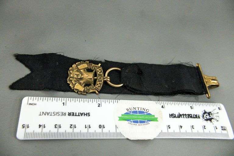 Edwardian Bates & bacon Gold Filled Woodsman of the World Watch Fob, Ribbon, and Chain.