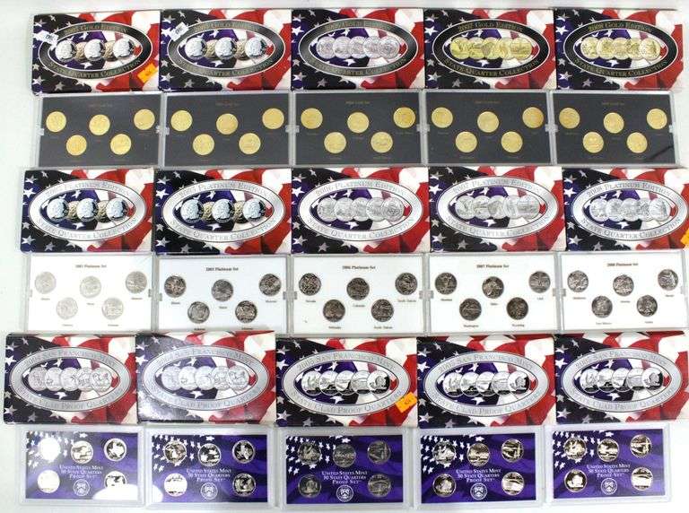 US Statehood Quarter proof sets , 2003 Gold edition x5 , 2005 San Francisco mint , x5 and 2008 Platinum Edition , x5 , 15 sets in total