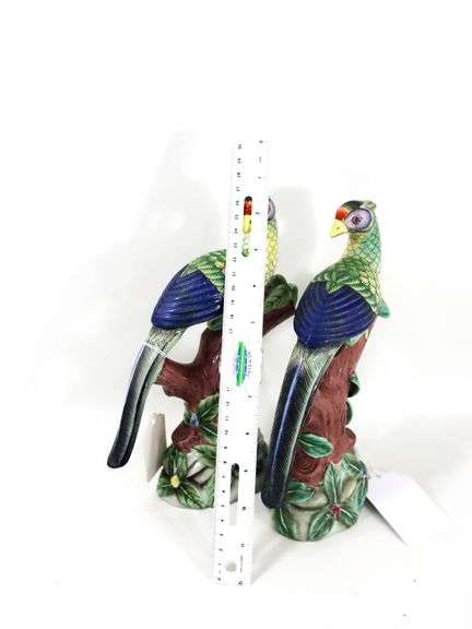 Hand Painted Vintage Chinese Porcelain Parrot / Phoenix / Peacock Bird Figurines.  Pair -