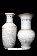 Large Chinese Porcelain Vases Grey Crackle Glaze, Celadon Finish Inside, Chinese Characters Ring Tops, Each 23" Tall.