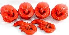 Set of Four Covered Lobster Dishes with a Matching set of Lobster shaped Salt and Pepper Shakers.
