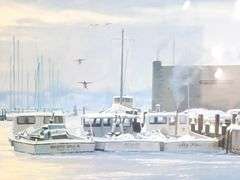 "Annapolis on Ice" by Harriman, print of the Annapolis City Dock in Winter, framed- 27" x 36"
