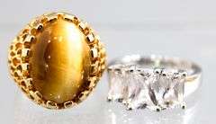 14 KTGF Tigers Eye Ring and a Sterling Silver crystal Ring, both size 7.