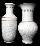 Large Chinese Porcelain Vases Grey Crackle Glaze, Celadon Finish Inside, Chinese Characters Ring Tops, Each 23" Tall.