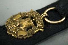 Edwardian Bates & bacon Gold Filled Woodsman of the World Watch Fob, Ribbon, and Chain.