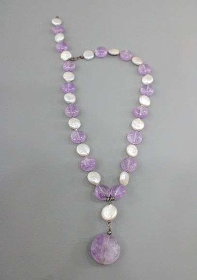 Genuine coin Pearl and Amethyst Necklace with Sterling Silver findings, 16"