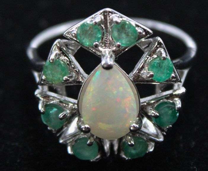 Emerald (tested), Opal, and Sterling Silver Ring  , size 8.