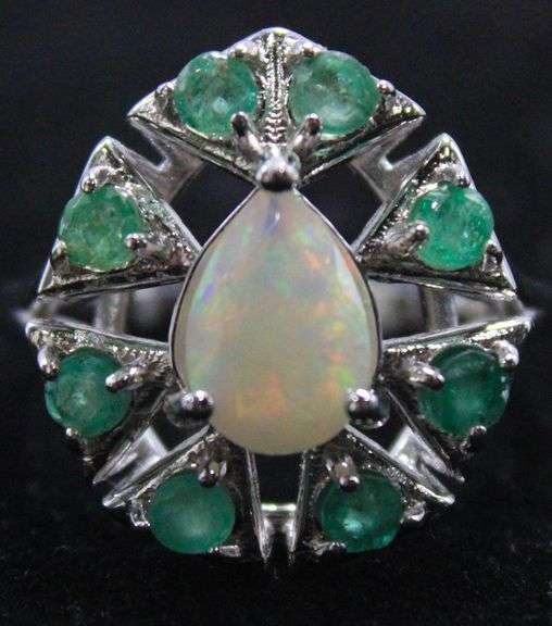 Emerald (tested), Opal, and Sterling Silver Ring  , size 8.