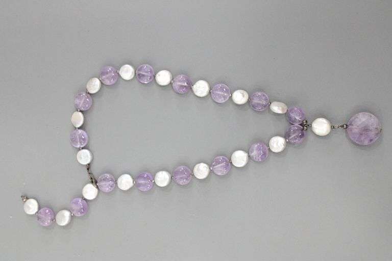 Genuine coin Pearl and Amethyst Necklace with Sterling Silver findings, 16"