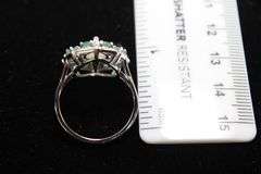 Emerald (tested), Opal, and Sterling Silver Ring  , size 8.
