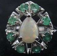 Emerald (tested), Opal, and Sterling Silver Ring  , size 8.