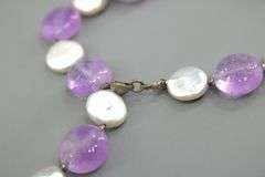 Genuine coin Pearl and Amethyst Necklace with Sterling Silver findings, 16"
