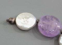 Genuine coin Pearl and Amethyst Necklace with Sterling Silver findings, 16"
