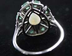 Emerald (tested), Opal, and Sterling Silver Ring  , size 8.