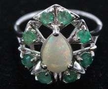 Emerald (tested), Opal, and Sterling Silver Ring  , size 8.