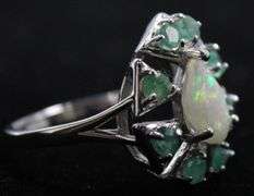 Emerald (tested), Opal, and Sterling Silver Ring  , size 8.