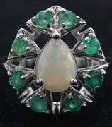 Emerald (tested), Opal, and Sterling Silver Ring  , size 8.