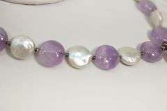Genuine coin Pearl and Amethyst Necklace with Sterling Silver findings, 16"