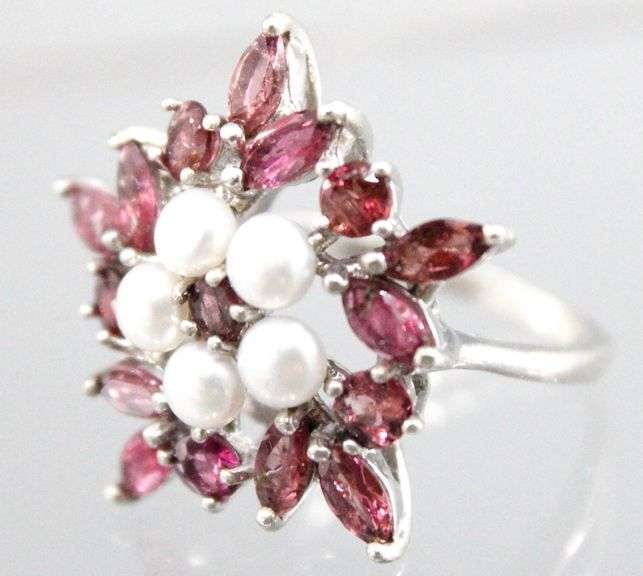 Garnet (tested), Genuine Pearl, and Sterling Silver Ring, size 6.