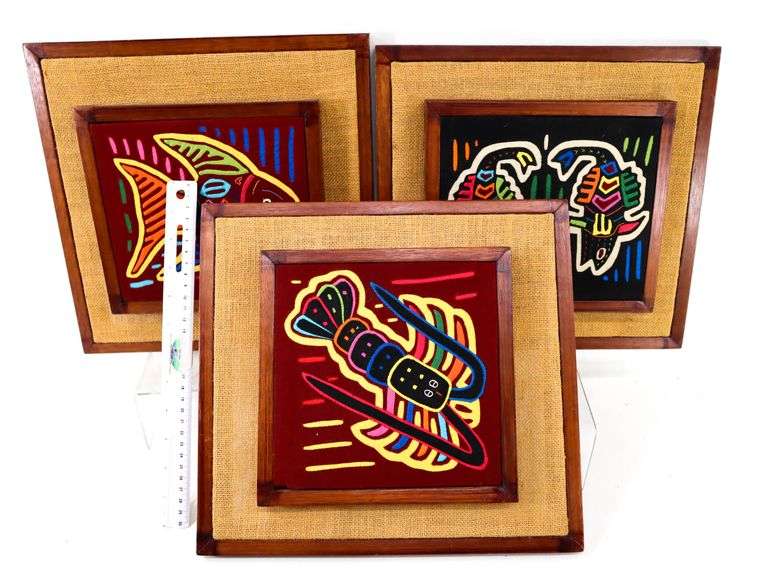 Vintage Mola Handwork Textile Indigenous Guna (Kuna) Art from Panama - 12 x 13 each