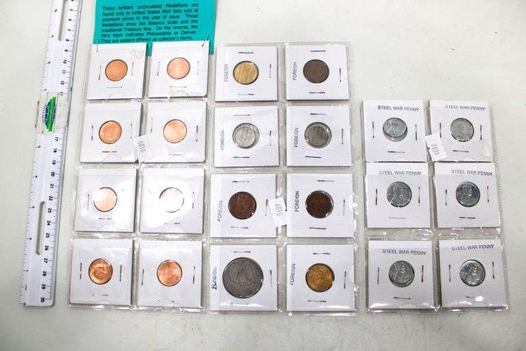 Coin Collection ,. Foreign coins , treasury mint set medallions , and wartime steel pennies