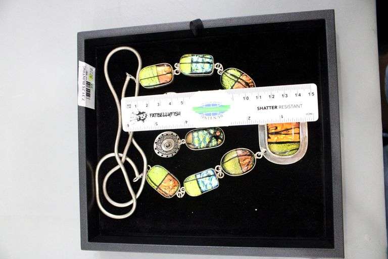Barbie Koncher Signed Sterling Silver 'Popsicle" Dichroic Glass Necklace with a $400 Tag, and  Matching Earrings.  One in need of a Post.
