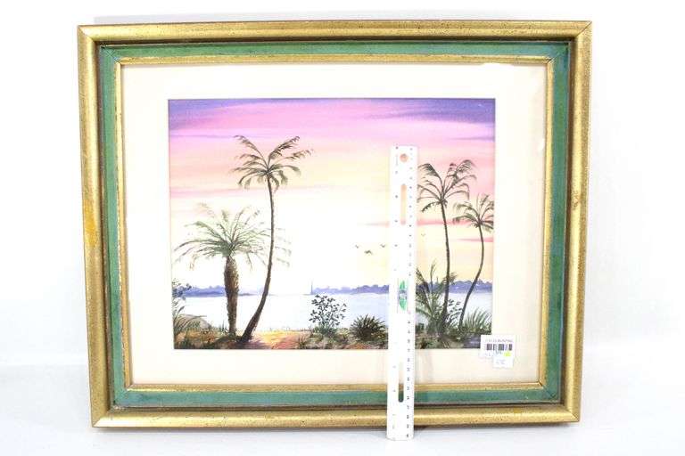 Original watercolor tropical scene, framed 17" x 21"