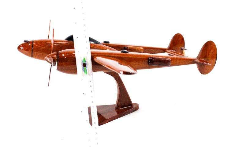 Mahogany (Believed to be) Wood P-38 Lightning WWII Fighter Twin-Boom, Twin-Engine Desktop Model Airplane