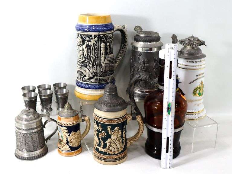 Vintage Barware:  Pewter / Metal Steins and Shots, Glass Beer Bottle with Handle Accessory, and More
