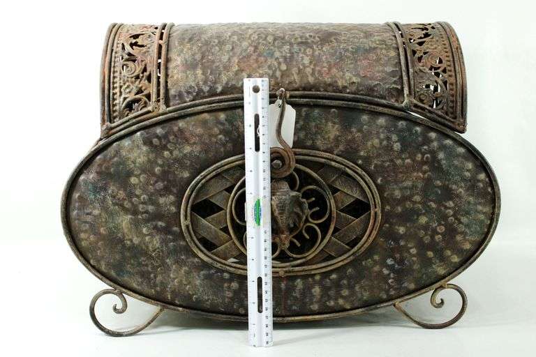 Elephant Figural Accent Open Weave Metal Art Chest / Table Basket