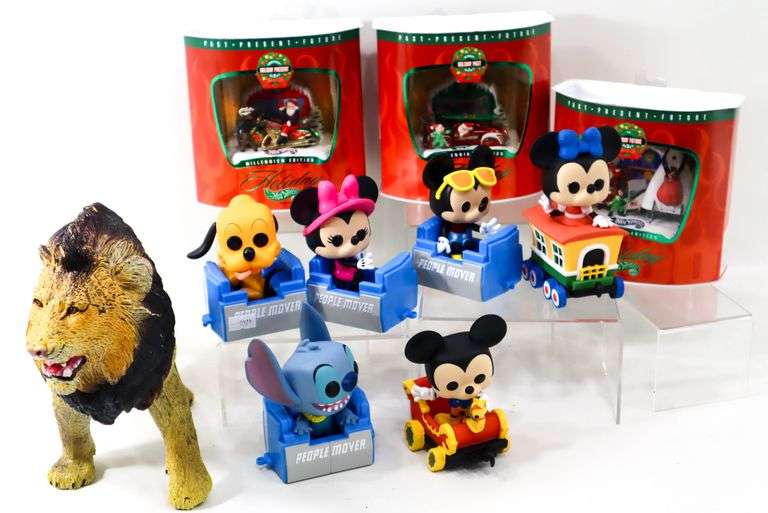 Disney Funko Action Toy Figurines - and - Hot Wheel Past Present Future Holiday Ornaments in Boxes - and - "Lion" Figural Learning Toy by AAA Toys - and - More