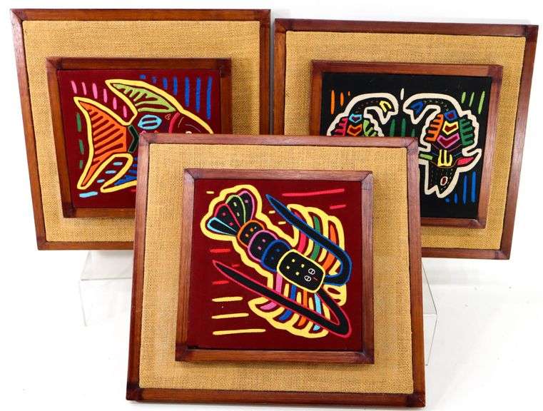 Vintage Mola Handwork Textile Indigenous Guna (Kuna) Art from Panama - 12 x 13 each