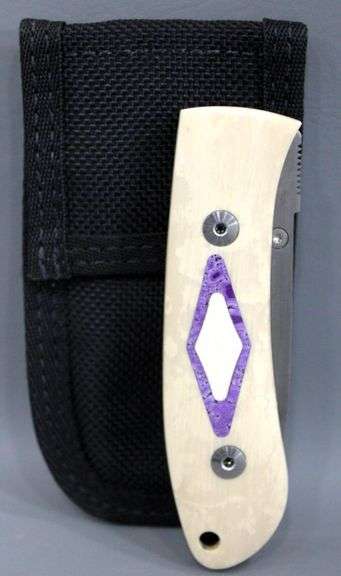 Dozier , Arkansas made custom folding knife ,  D2 marked blade with Bone scales with inlayed fossil coral ? , circa 2002