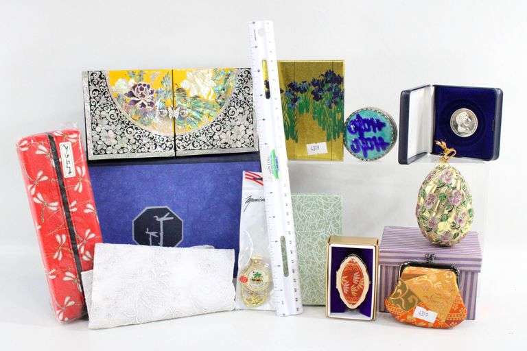Chinoiserie Mother of Pearl Hinged 2-Part Box Jewelry Organizer, Cloisonné Egg Ornament, Trinket Boxes, Kiss Closure Vintage Coin Bag, and More