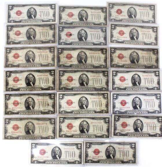 1928 Red Seal $2 United States Notes. Mixed Series.  Marked 'Low Grade Circulated'. 20 items