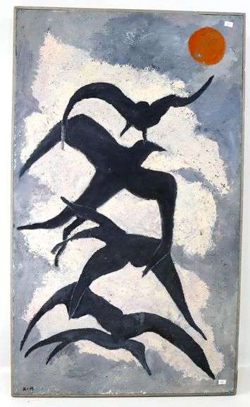 Zik "Black Seagulls" original oil painting, framed 40" x 24"