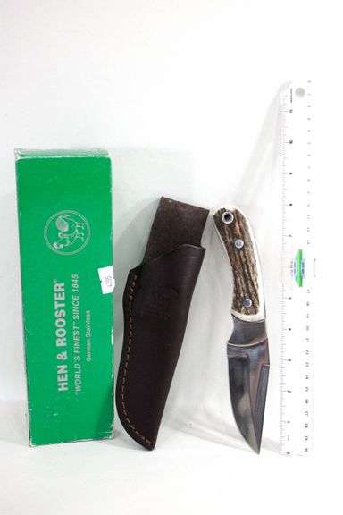 Hen and Rooster , German Stainless steel fixed blade knife with leather scabbard
