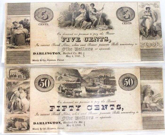 1841 United States Bank Notes. 50 Cents and 5 Cents. Darlington, Maryland.