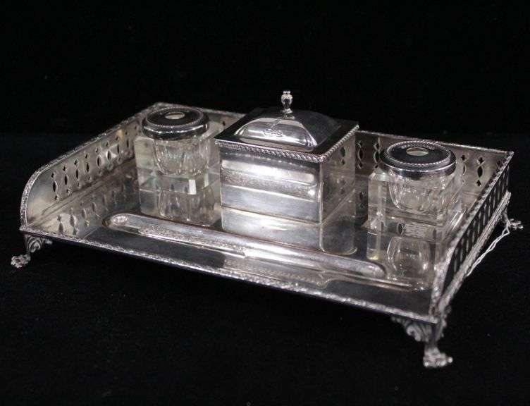 Antique Exeter silver plate Desk inkwell set with Sterling paper knife
