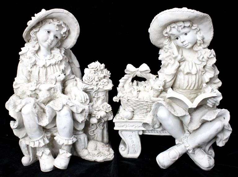 Girls with Flowers on a Bench Composition Figurines - Pair - Approx. 17 x 10 x 9 each