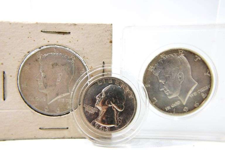 1964 Kennedy silver half dollars and a 1943 Washington Silver Quarter