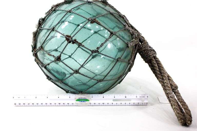 Vintage Glass Fishing Float Aquamarine Netted.