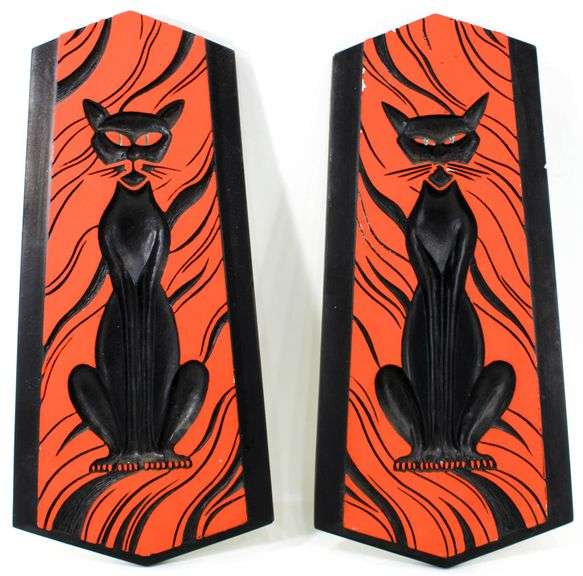 Modern Art Co. Milwaukee Black / Orange Cat Wall Art.  Pair - 15x7