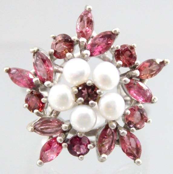 Garnet (tested), Genuine Pearl, and Sterling Silver Ring, size 6.
