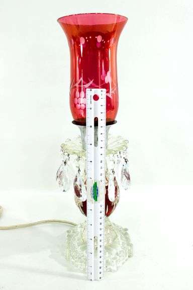 Antique Cranberry Cut to Clear Bohemian Glass Buffet Lamp - 16 x 7