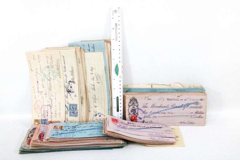Antique Canadian Bank checks and inter bank transfer slips with Postage and excise stamps , Circa 1914 - 1924 , 100's of items