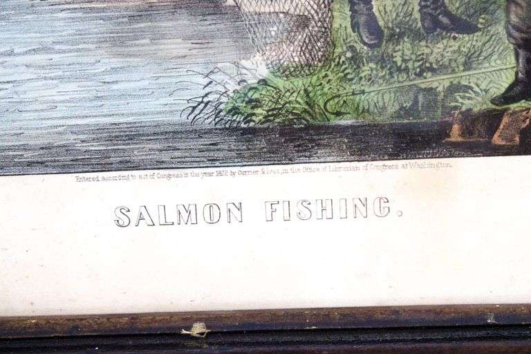 "Salmon Fishing" vintage Currier & Ives print, framed 14" x 16"